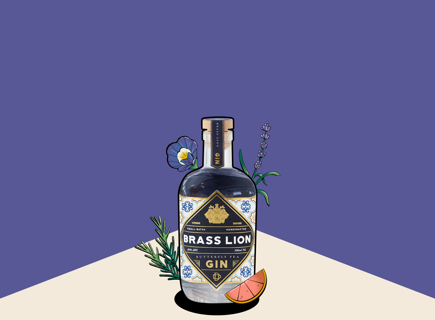 Brass Lion Butterfly Pea Gin bottle with rosemary, lavender, and citrus peel