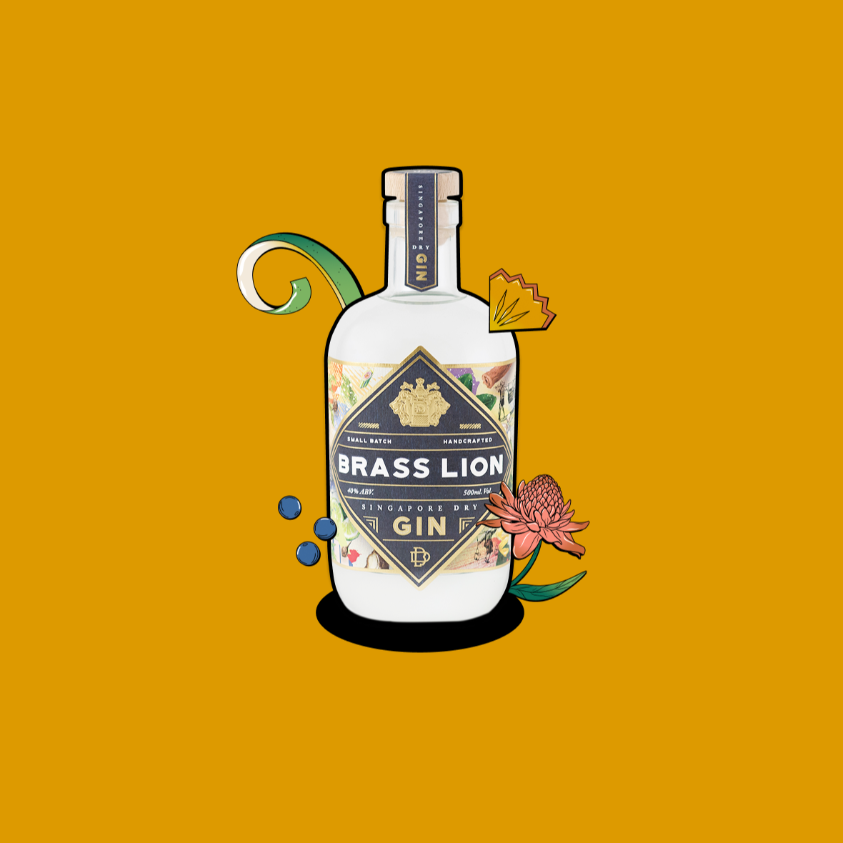 Brass Lion Singapore Dry Gin bottle surrounded by local botanicals, blue berries, and a chrysanthemum flower.