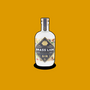Brass Lion Singapore Dry Gin bottle on a mustard yellow background.