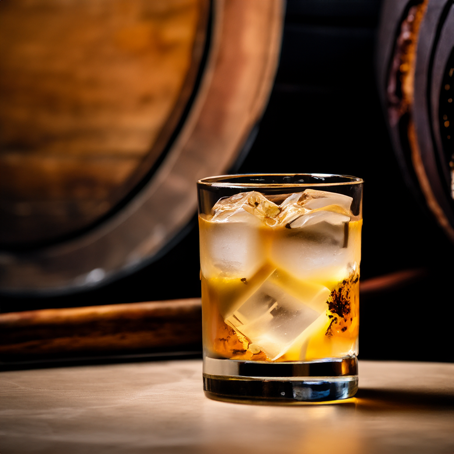 Brass Lion Barrel Aged Gin served on the rocks with a barrel-aged backdrop