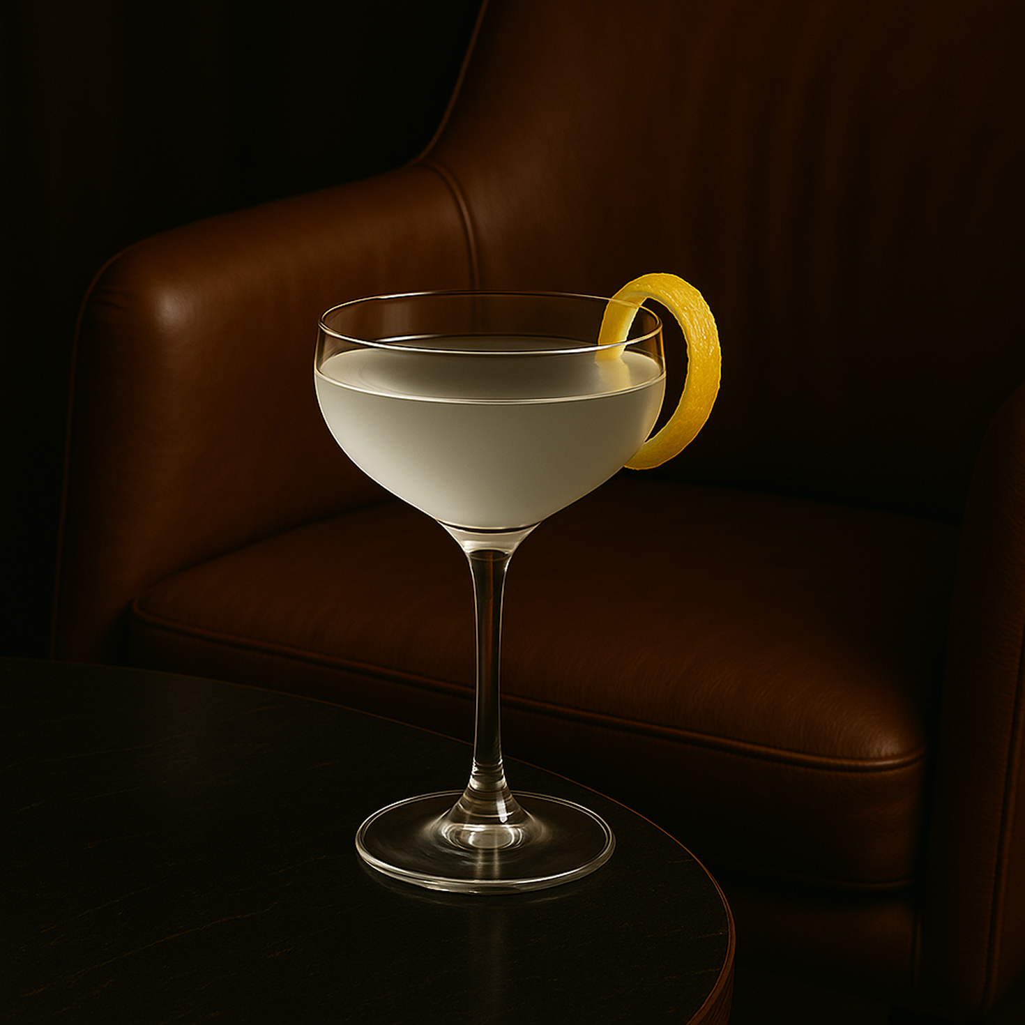 Brass Lion Navy Strength Gin served in a chilled coupe glass with lemon twist garnish
