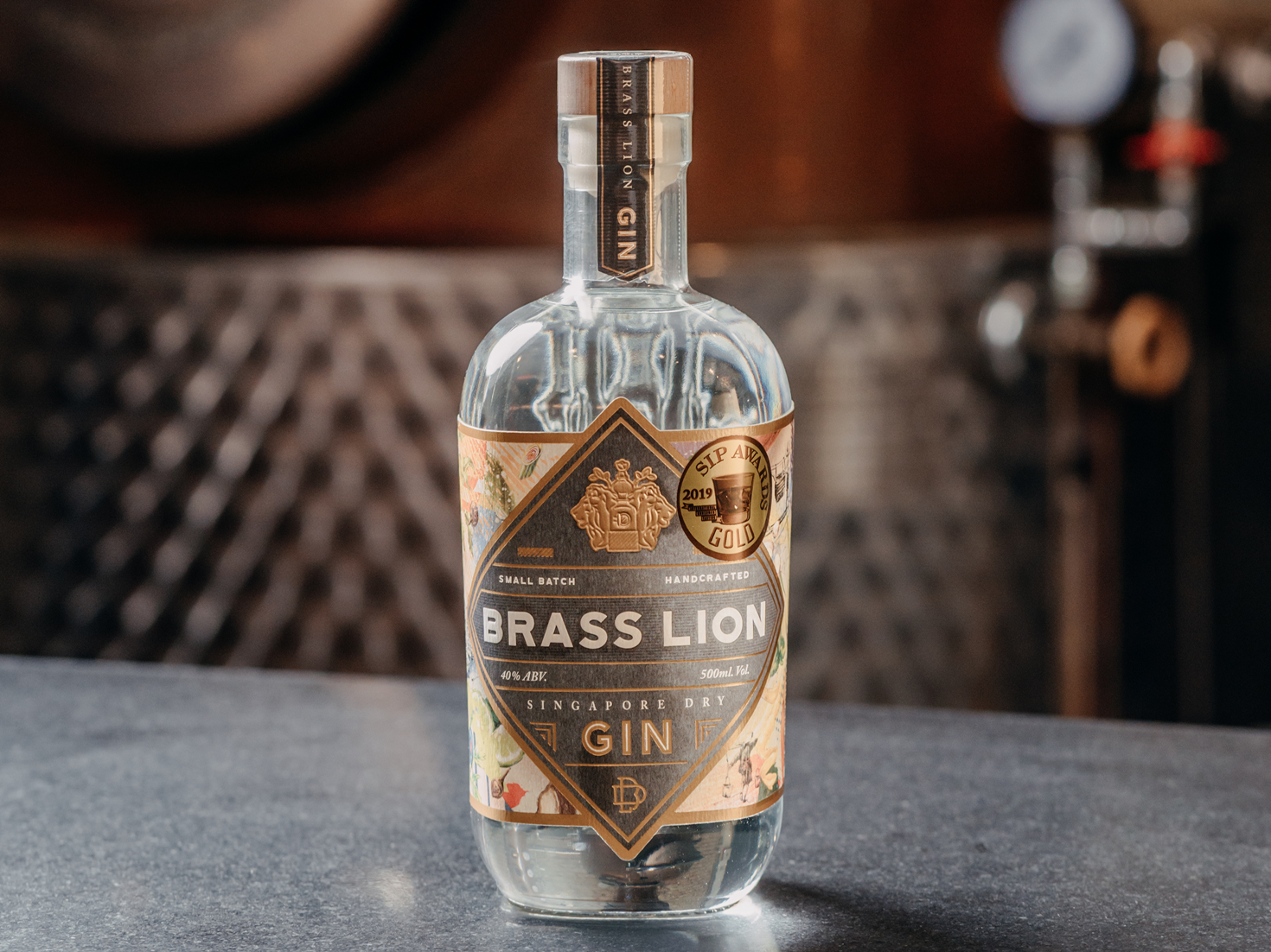 Brass Lion Singapore Dry Gin bottle photographed at the distillery with award sticker on label