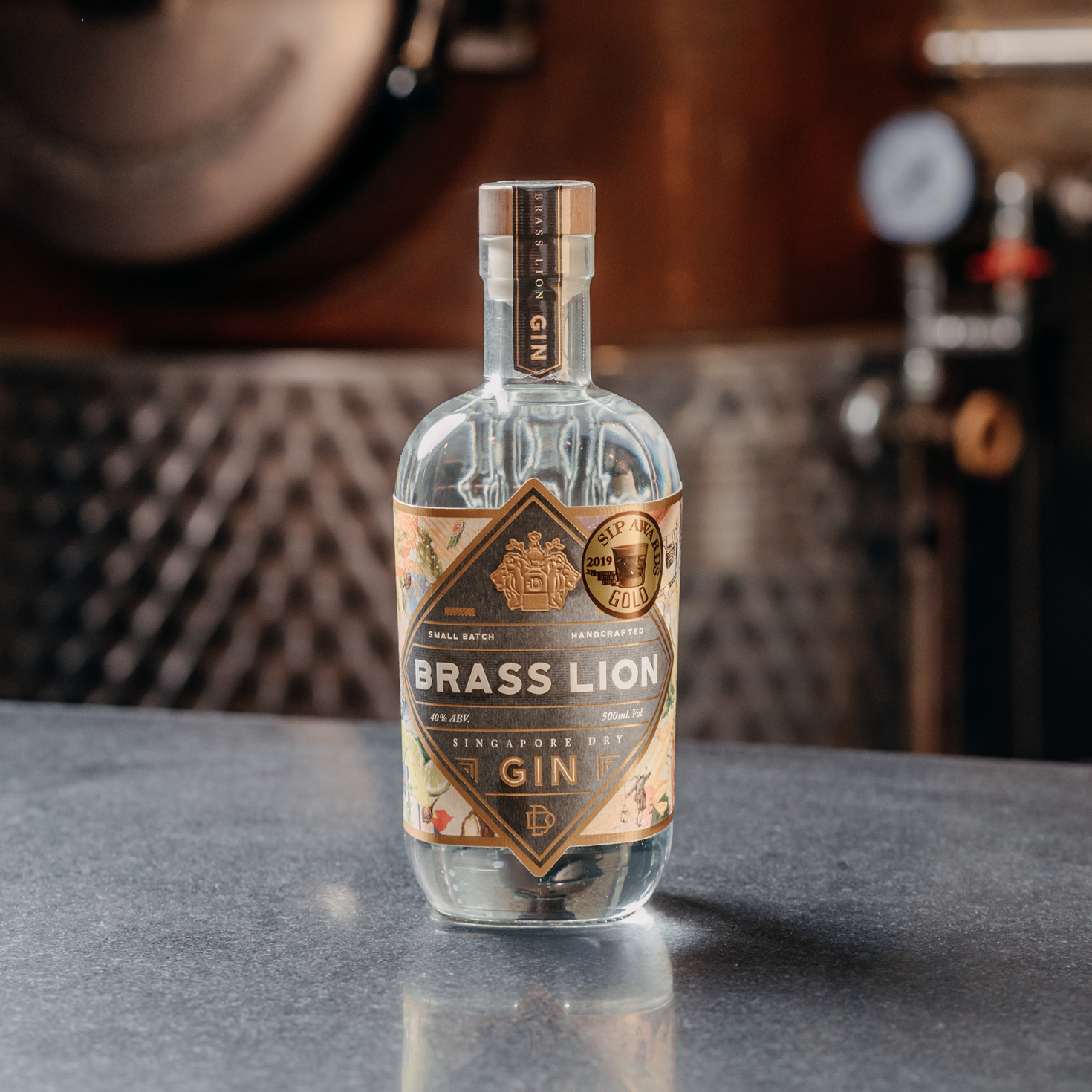 Brass Lion Singapore Dry Gin bottle photographed at the distillery with award sticker on label